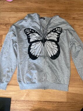 SHEIN Gray Zip-Up Hoodie with Black Butterfly Graphic